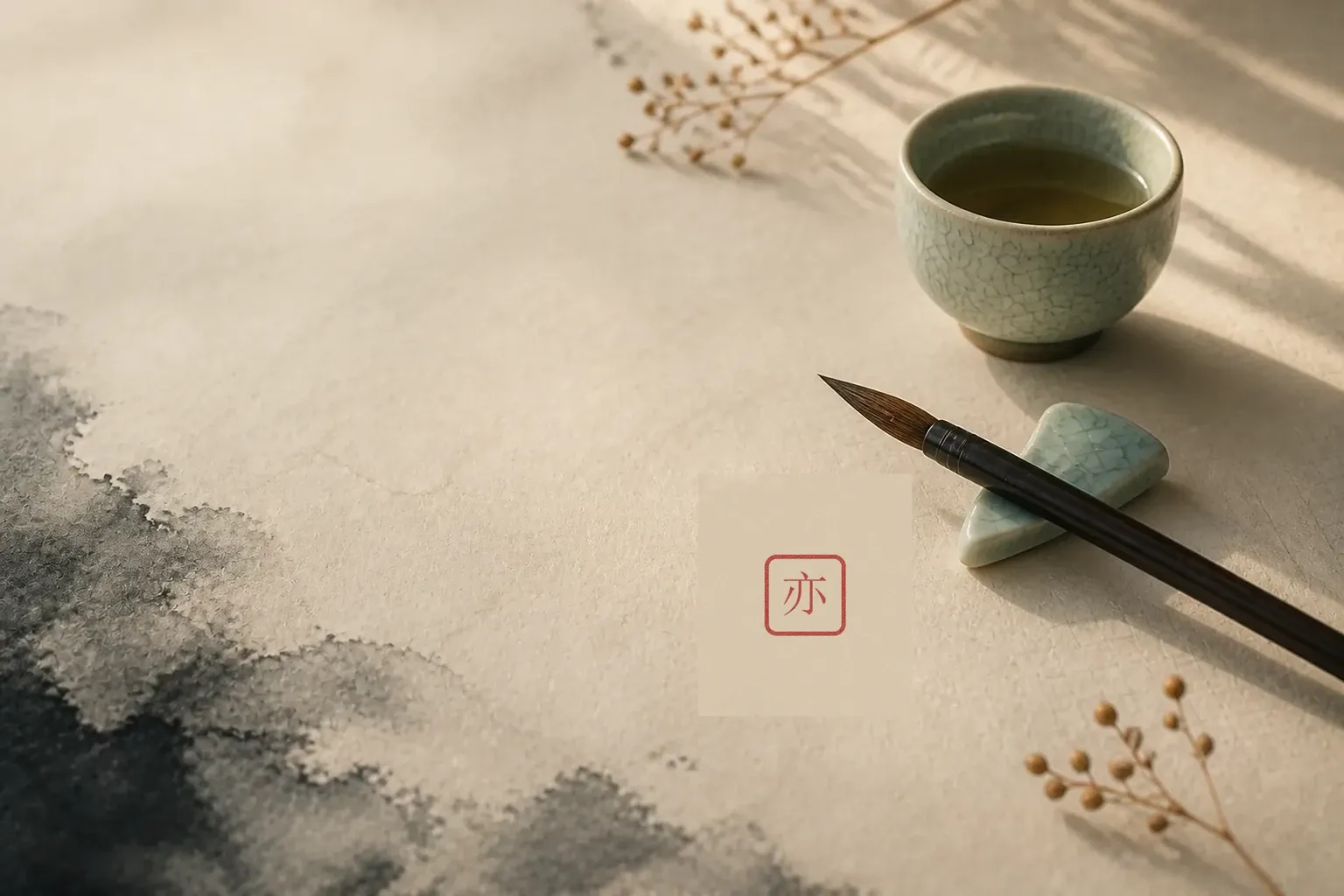 亦幸小阁：米白宣纸上朱红「亦」印、青瓷茶盏与毛笔